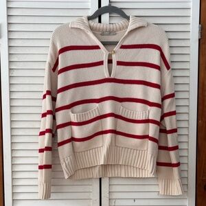 Everlane Cream and Red Striped V-Neck Sweater